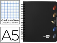 Cuaderno espiral liderpapel a5 micro executive tapa plastico 100h 80 gr cuadro 5mm 5 separadores con gomilla negro