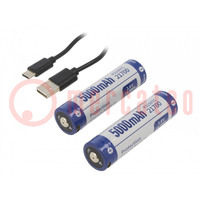 Accu: Li-Ion; 21700; 3,6V; 5000mAh; Ø21,4x76,7mm; Set: USB-kabel