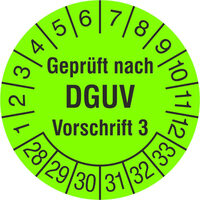 Prüfplakette, Geprüft nach DGUV Vorschrift 3, 1000 Stk/Rolle, 2,0 cm Version: 2028 - Prüfjahre: 2028-2033, leuchtgrün/schwarz