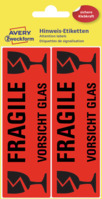 "Warn-Etiketten Aufdruck ""Fragile - Vorsicht Glas"", 119 x 38 mm, 5 Bogen/10 Etiketten, leuchtrot"
