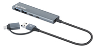 Manhattan USB-C & USB-A combo dock/hub, poorten (4): USB-A (2×) + USB-C (2×), 5 Gbps (USB 3.0), USB-gevoed (geen externe voeding vereist), aluminium