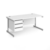 Contract 25 straight desk with 3 drawer pedestal and silver cantilever leg 1600m x 800mm - white top