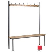 Club solo changing room bench, red 3000mm wide x 400mm deep with 14 hooks