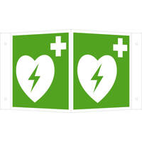 Erste Hilfe Winkelschild, Alu, langnachleuchtend, Defibrillator, 35,3 x 20,0 x 1 DIN EN ISO 7010 E010 ASR A1.3 E010