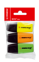 Textmarker STABILO® BOSS® MINIpop. Kappenmodell, Farbe des Schaftes: in Schreibfarbe, Farbe: gelb, grün, orange. Ausführung des Inhalts mit Packung: Schlauchbeutel mit 3 Stiften