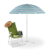 Relaxdays Sonnenschirm, Ø 160 cm, höhenverstellbar, knickbar, Strandschirm mit Tasche, Polyester, Stahl, weiß/türkis