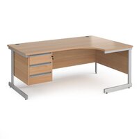 Contract 25 right hand ergonomic desk with 3 drawer pedestal and silver cantilevever leg 1800mm - beech top