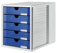 Schubladenbox SYSTEMBOX, DIN A4 und größer, 5 geschl. Schubladen, lichtgrau-blau