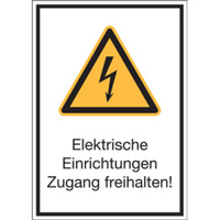 Warnzeichen Kombischild "Elektrische Einrichtungen Zugang freihalten!" [W012], Folie (0,1 mm), 210 x 297 mm, ASR A1.3 / ISO 7010, selbstklebend