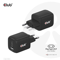 CLUB3D Cargador de viaje PPS Tecnología GAN de 65 vatios, Puerto triple (2x USB Tipo-C + USB Tipo-A) Entrega de energía (PD) Soporte 3.0