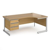 Contract 25 right hand ergonomic desk with 3 drawer pedestal and silver cantilever leg 1800mm - oak top