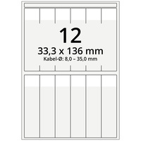 Kabeletiketten selbstlaminierend 33,3 x 136 mm, für Kabel-Ø 8,0 bis 35,0 mm, Schriftfeld weiß 33,3 x 25,5 mm, 1.200 Kabelmarkierer auf 100 Bogen