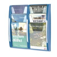 Wall mounted coloured leaflet dispensers - 6 x A4 pockets, blue