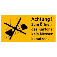 Verpackungsetiketten, Text: Achtung! Zum Öffnen des Kartons… , 10,0 x 5,0 cm