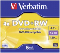 1x5 Verbatim DVD+RW 4,7GB 4x Speed, mat zilver Jewel Case