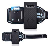 Műanyag telefonvédő (ütésálló, karpánt, sportoláshoz, kitámasztó, rács minta) FEKETE [Samsung Galaxy S10 (SM-G973)]
