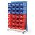 Single-sided louvre panel racks, with 28 red/blue bins