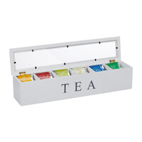 Relaxdays Teebox, 6 Fächer, Teebeutel Aufbewahrung, Bambus, Acryl, Teekiste mit Sichtfenster, HBT: 9 x 43,5 x 9 cm, weiß