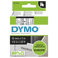 DYMO Eredeti D1 szalagkazetta, 12mm x 7m tekercs, Áttetsző alapon fekete felirat, Öntapadós címkék LabelManager feliratozógépekhez
