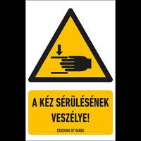 Figyelmeztető jelzések -A kéz sérülésének veszélye! - 160x250mm PVC tábla