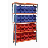 Boltless shelving with small parts bins, blue/red bins