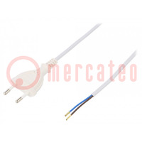 Kábel; 2x0,5mm2; CEE 7/16 (C) dugó,vezetékek; PVC; 3m; fehér; 2,5A