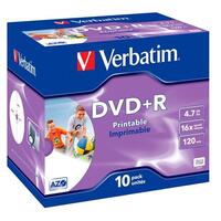 VERBATIM DVD+R, 4.7GB, 16X, 10 PACK BRANDED JEWEL CASE, SUPERFICIE WIDE INKJET PRINTABLE