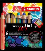 STABILO woody 3in1 ARTY crayon de couleur - Etui carton de 6 crayons + taille-crayon - Coloris assortis