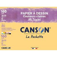 CANSON Pochette de 12 feuilles de papier Couleurs 24x32cm MI-TEINTES. Couleurs claires assorties. 160g/m²