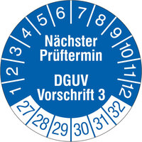 Prüfplakette, Nächster Prüftermin DGUV Vorschrift 3, 1000 Stk/Rolle, 3,0 cm Version: 2027 - Prüfjahre: 2027-2032, blau/weiß