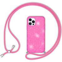 NALIA Neon Glitter Cover with Band compatible with iPhone 12 Pro Max Case, Transparent Sparkly Silicone Bumper & Adjustable Holder Strap, Slim Phone Bling Skin & Lanyard Pink Gl...