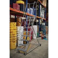 Retractable wheel warehouse step with high handrail