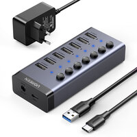 7w1 Wielofunkcyjny HUB rozdzielacz USB-C - 7x USB 3.0 PD DC 12V szary