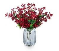 Artificial Berry & Holly in Glass Vase - 40cm, Red