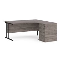 Maestro 25 right hand ergonomic desk 1600mm with black cantilever frame and desk high pedestal - oak