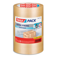 TESA Lot de 3 Adhésifs d'emballage Extra Strong en PVC, 52 microns - H50 mm x L66 mètres Transparent