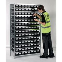 Galvanised shelving including shelf bins Starter and add on bays - 14 shelves - 112 bins
