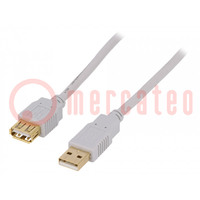 Cable; USB 2.0; USB A socket,USB A plug; gold-plated; 5m; grey