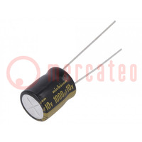 Condensador: electrolítico; THT; 1000uF; 10VDC; Ø10x12,5mm; ±20%