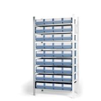 Boltless shelving unit with shelf bins