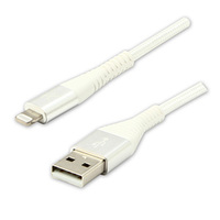 Logo USB kabel (2.0), USB A M - Apple Lightning M, 2m, MFi certifikat, 5V/2,4A, biały, box, oplot nylonowy, aluminiowa osłona złąc