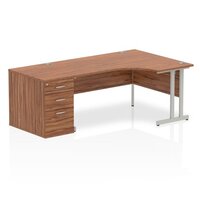 Dynamic Impulse 1600mm Right Crescent Desk Walnut Top Silver Cantilever Leg Workstation 800mm Deep Desk High Pedestal Bundle I000575