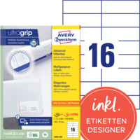 Universal-Etiketten, A4 mit ultragrip, Adressaufkleber, 105 x 37 mm, 220 Bogen/3.520 Etiketten, weiß