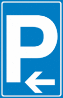 Parkplatzschild - P / Richtungspfeil, gerade, Weiß/Blau, 25 x 15 cm, Folie