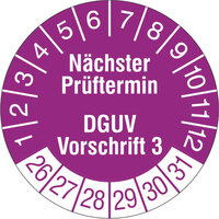 Prüfplakette, Nächster Prüftermin DGUV Vorschrift 3, 1000 Stk/Rolle, 3,0 cm, v/w, Folie Version: 2026 - Prüfjahre: 2026-2031