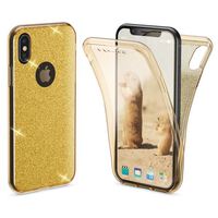 NALIA 360° Glitter Custodia compatibile con iPhone X / XS, Sottile Full-Body Silicone Cover Protettiva, Morbido Gel Case Guscio Protettiva Telefono Cellulare Bumper Gold Oro