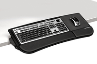 THE FELLOWES TILT N SLIDE KEYBOARD MANAGER ATTACHES TO YOUR DESKTOP EDGE WITHOUT