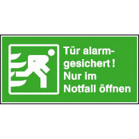 Tür alarmgesichert Nur im Notfall öffnen Rettungsschild, Folie, 14,80x7,40cm