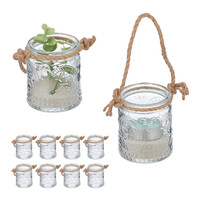 Relaxdays Windlicht, 12er Set, Glas mit Henkel, 7 x 6 cm, innen & außen, Hochzeit Teelichthalter, transparent/ natur