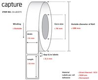 Label 51x32, Core 76, Diameter 188 mm. Thermal print. Uncoated. Permanent. 5000 labels per roll. 4 rolls per box.Printer Labels